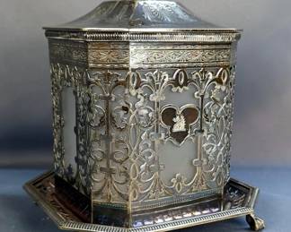 G.R. Collis & Co. Engraved Pierced Biscuit Box, 9" x 7" x 7"