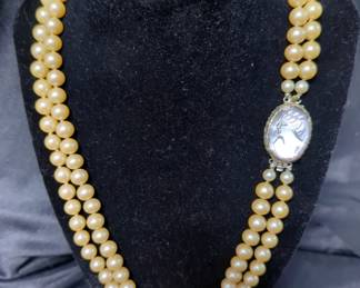 Double Strand Pearl Necklace, Approx 20", With Removable Clasp Which Becomes Cameo Pin, Believed To Be Mother Of Pearl 