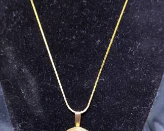 14K Gold Pin/Pendant With Floral Gold And Enamel Design, 2" x 1.25" On 17.5" Chain 