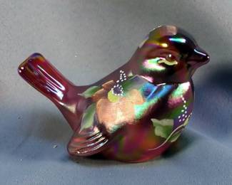 Stretched Glass Fenton Handpainted Basket Vase, Handpainted By S. Hart, 10" x 5.5" And Fenton Irredescent Bird, Handpainted By S. Hopkins 