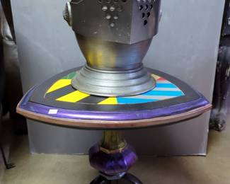 Metal Knight's Helmet Ice Bucket, 13.5" Tall, And Custom Owl Crest End Table, 17" x 18.5" x 19"