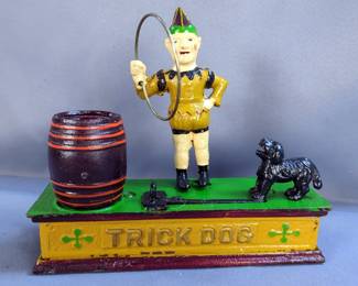 Cast Iron Trick Dog Coin Bank, 8" x 8" x 3" And Banthrico Model T Coin Bank, 3" x 6" x 3"