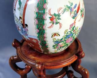 Hand Painted Oriental Ceramic Pot, 12" x 10" With Wood Stand, 9" Tall And Ironstone Ceramic Hatpin Holder