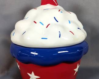 Ceramic Patriotic Cupcake Cookie Jar, 10" And Matching Cupcake Candle 
