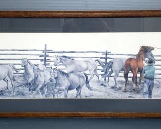 Sandi Dyer, Horse Scene Print No 678/1050, Framed, Matted, Under Glass, 16" x 40"