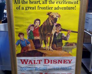 Walt Disney Old Yeller Poster Mounted on Canvas Board, 55" x 43", Has Some Staining, Reverse Side Sailboat Painting By Fredrick Alexander Pawla