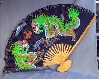 Hand Painted Bamboo Fan With Dragon Motif Wall Decor, 35" x 58"