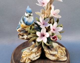 Capodimonte Porcelain Bird Figurines On Wood Bases, Qty 2, Bird With Flowers, And More, Total Qty 5