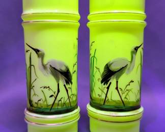 Vintage Custard Uranium Glass Heron Vases