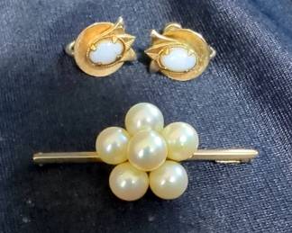 Amco 14K Gold Screw Back Earrings And 14K Lapel Pin With Pearls