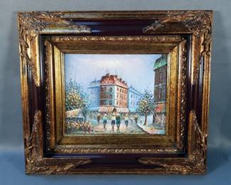 Oil On Canvas City Scape, Illegible Artist Signature In Ornate Frame, 17" x 15" 