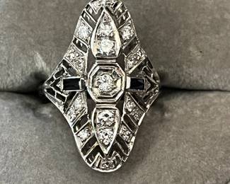 Vintage art deco, 14 karat elongated, diamond and synthetic sapphire ring ca 1920/30. 