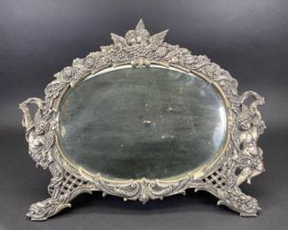 Victorian Silver-plated Vanity Mirror with Cherubs Decoration, heavy