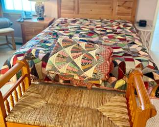 Broyhill Queen Bed Set, Rolled Arm Bench with Rush Seat and Antique Crazy Quilt