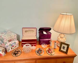 Jewelry Boxes, Photo Boxes, Waterford Ring Dish, Antique Lamp  and Stain Glass Sun Catchers