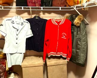 Military: Women’s USA Airforce  uniform and Man’s Parka;  US Coast Guard Dress Shirt; Vintage  Maryland Terps Jacket