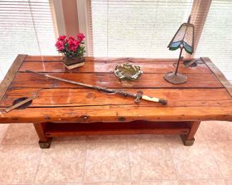 Antique Double Ship's Hatch Coffee Table and Stain Glass Lamp 