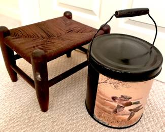 Antique Brush Seat Foot Stool and Vintage Tin