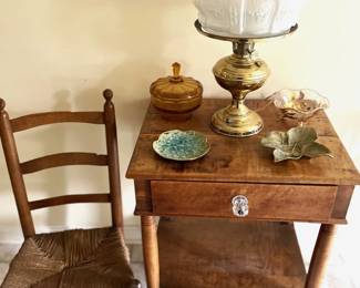 Antique Childs Chair, Lamp and Side Table