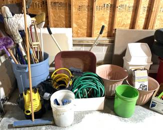 Garden Hose, Wheel Barrow, Tools & Buckets