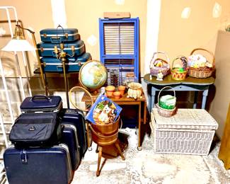 Vintage Luggage, New Blue Metal Shelf, Vintage Dressing Table and Wicker Storage Box