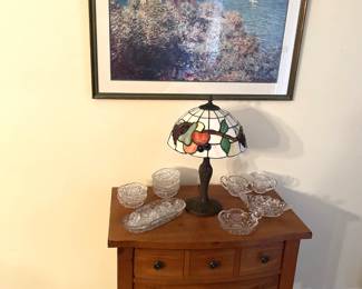 Tiffany Style Lamp, Cut Crystal and Side Table