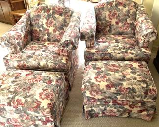 Upholstered Floral Thomasville Chairs and Ottomans