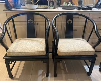 Pair of Asian Modern Lacquer Barrel Horse Shoe Back Lounge Chairs