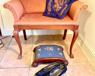 Antique mini settee, needlepoint footstool - shoes for size reference.