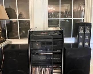 Denon sound system w/cabinet, Yamaha floor speakers, vinyl records