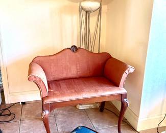 Antique mini settee, needlepoint footstool - lamp for size reference.