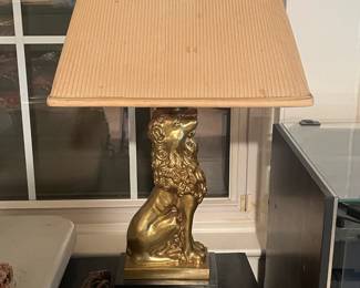 Robert Abbey Hollywood Regency style brass lion table lamp w/original shade