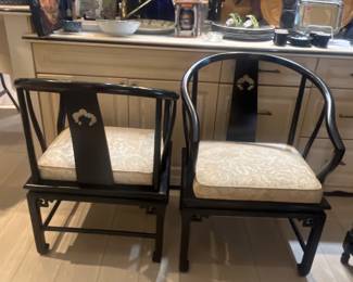 Pair of Asian Modern Lacquer Barrel Horse Shoe Back Lounge Chairs