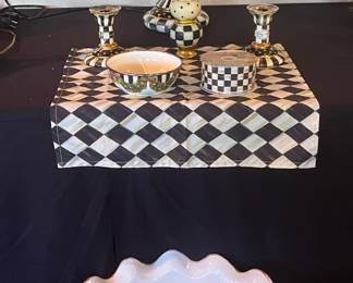Mackenzie Childs Courtly Check Black Tie Lamp, candle stick holders, bowl, ribbon, Jumbo Garden Pot and fluted twisted candlestick w/paper shade.