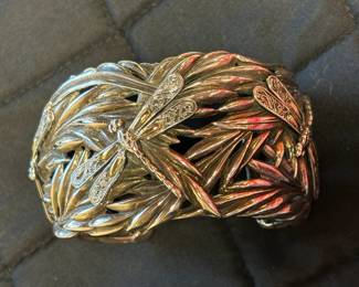 Large, heavy sterling silver cuff bracelet w/18K gold dragonflies