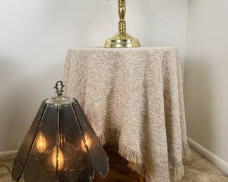 Vintage Lamps w/Etched Smoked Glass Paneled Shades + Side Table