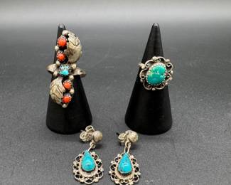 Vintage Sterling, Turquoise, & Coral Rings & Earrings