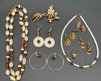 Vintage Tigers Eyes, Topaz Rhinestone, & Neutral Tone Jewelry - Sorrento Vermeil