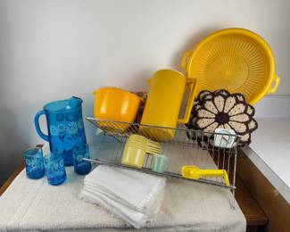 Retro Kitsch Kitchen - Blue Daisy Pitcher, Tupperware, Crochet Trivets