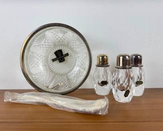 STUNNING Vintage NOS Crystal & Silver Plate Bowl + Heavy Crystal Shaker Trio