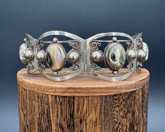 Vintage Sterling Silver TAXCO Filigree & Abalone Panel Bracelet