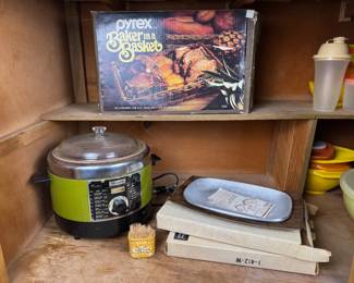 PYREX Baker in a Basket, Sears Cooker, & Weavewood Sizzlers