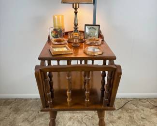 Mid Mod 1970s Two Tier Solid Wood Side Table, Lucite Coasters, & More