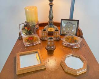 Mid Mod 1970s Two Tier Solid Wood Side Table, Lucite Coasters, & More