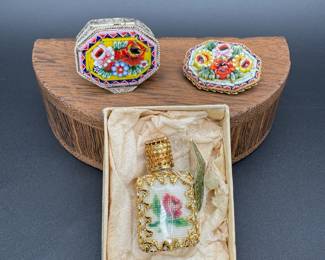 Vintage Micro Mosaic Brooch & Pill Box + Viennese Petit Point Perfume Bottle