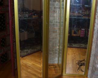 Regency Style 3 Panel Room Divider with Mirrors and Gold Finish Trim