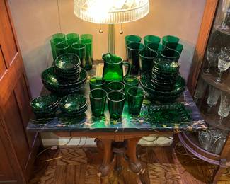 Emerald green depression glass, Antique Marble Top table