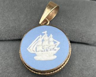 14k Gold Double Sided Blue Wedgwood Pendant
