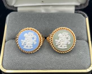 Two 14k Gold Wedgwood Blue & Green Ladies Rings