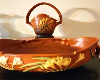 1940s Roseville Pottery Freesia Double Handle Console Bowl EXCELLENT & Freesia Handle Bown in Background 